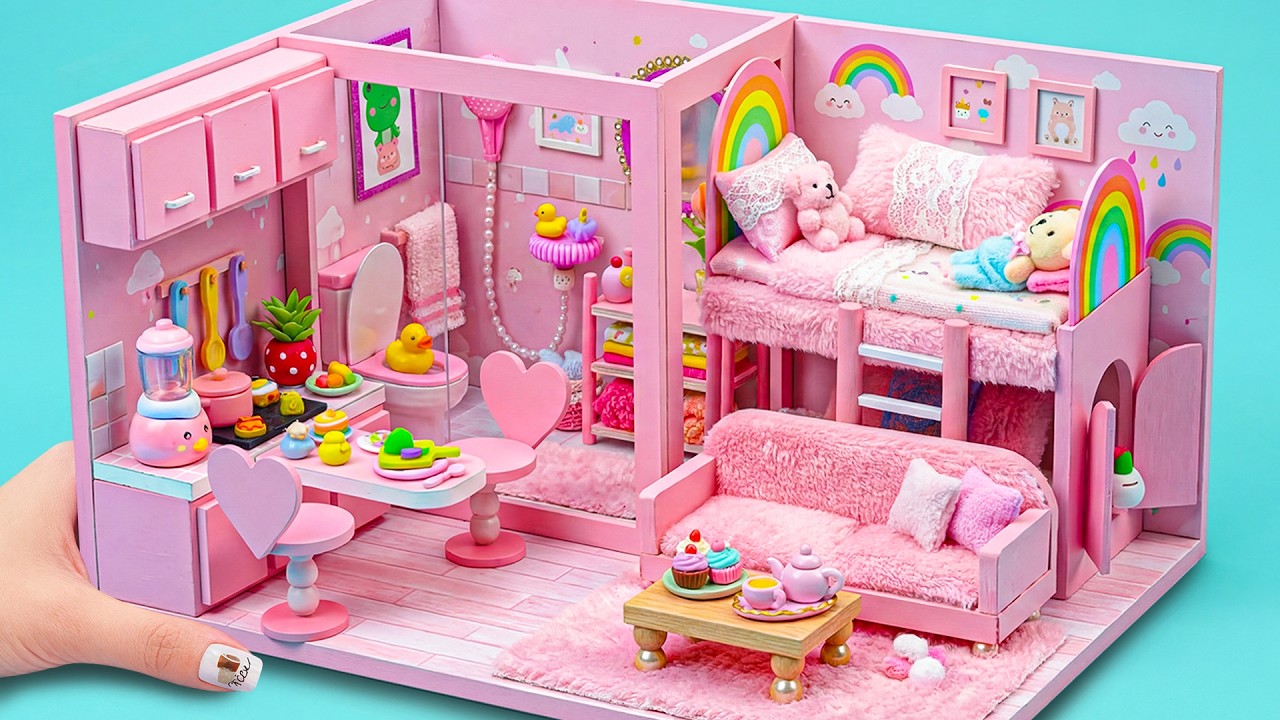 Make Cute Pink Rainbow Miniature House with Kitchen, Bunk Bed and Bathroom ❤️ | DIY Miniature House