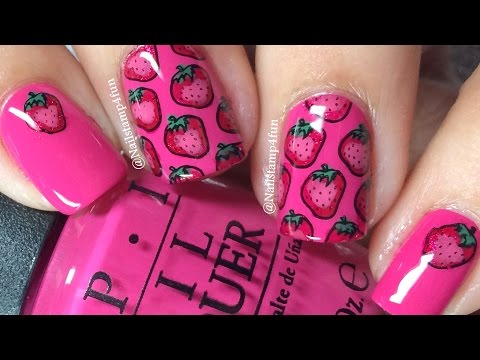 Strawberry nails Using Winstonia W118 Nail Stamping