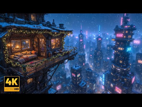 Lo-fi Chill Beats ❄️ Cozy Cyberpunk Winter Cabin Above Neon City | Study, Relax & Sleep | 4K