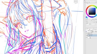 制服ロングユニコちゃん・イラスト作業①カラーラフまで Illustration work live: color rough