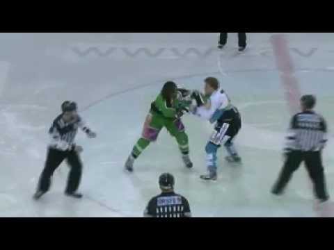 Brad Cole vs Brian Lebler fight - HDD Tilia Olimpija : EHC Liwest Black Wings Linz (5.2.2012)