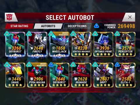 Transformers: Earth wars 5 star bots 4 star bots and combiners along with player stats