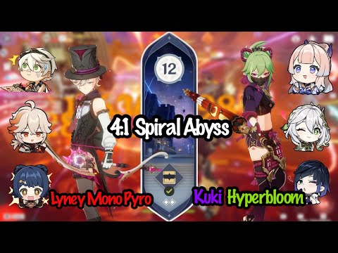C0 Lyney Mono Pyro x Kuki Shinobu Hyperbloom | Genshin Impact 4.1 NEW Spiral Abyss Floor 12- 9 Stars