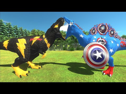 SHAZAM T-REX vs CAPTAIN AMERICA SPINOSAURUS FOREST DEATH RUN - Animal Revolt Battle Simulator ARBS