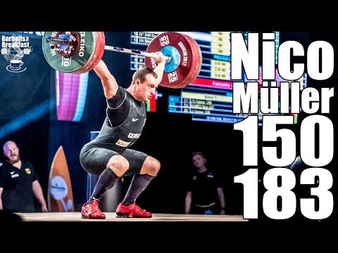 Nico Müller (77kg Germany) 150kg Snatch 183kg Clean and Jerk - 2017 weightlifting worlds