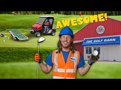 Cheerful worker in hard hat and orange vest holding a golf club and ball in front of a red building labeled 'THE GOLF BARN' with a cart and golf balls in the background, text 'AWESOME!'