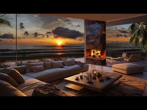 "Cozy Beach House | Relaxing Fireplace & Sound of Ocean Waves For Deep Sleep | Sunset Ambience"