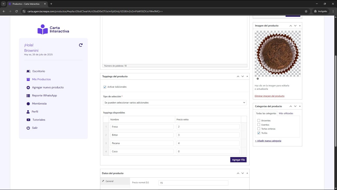 Crear adicionales a productos / Carta Interactiva