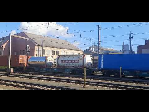 1216 910-0 und 185 254-4 (kalt) mit einem gemischten Güterzug in Linz Hbf am 18.2.2024