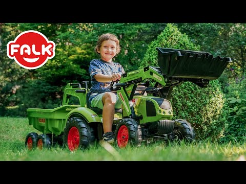 FALK pedalinis traktorius Claas Avec žalias su priekaba video