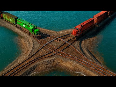 Colorful Train vs Train vs Double Wide Impossible Weird Rail Track Crossing Deepwater | BeamNG.drive