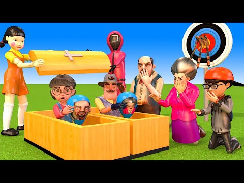 Scary Teacher 3D vs Squid Game Axe Throwing 5 Challenge Hello Neighbor And The End