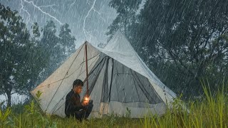 SOLO CAMPING HEAVY RAIN – Setting Up a CONE Tent || Camping in MONSOON RAIN⛈️ LIGHTNING EVERYWHERE‼️