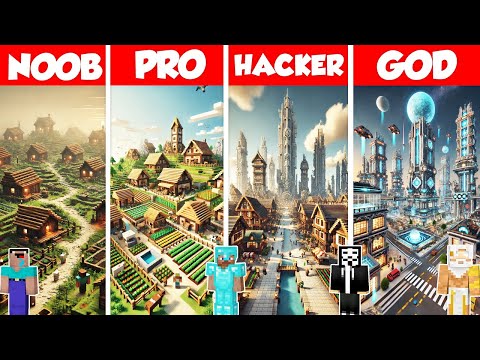 City Build Battle Challenge - Noob vs Pro vs Hacker vs God - Minecraft Animation