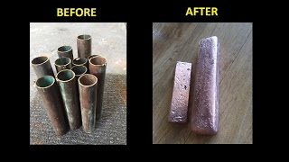 1000 + degrees Melting scrap Copper Pipes into big clean Bullion Bar 1080p full pour December 2016