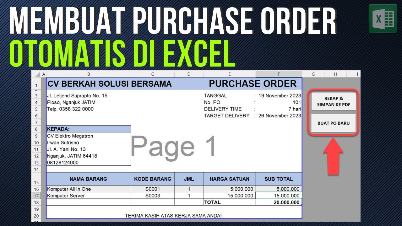 Membuat Purchase Order Otomatis di Excel, Rekap, Simpan ke Pdf dan Bikin PO Baru dengan 1-Klik