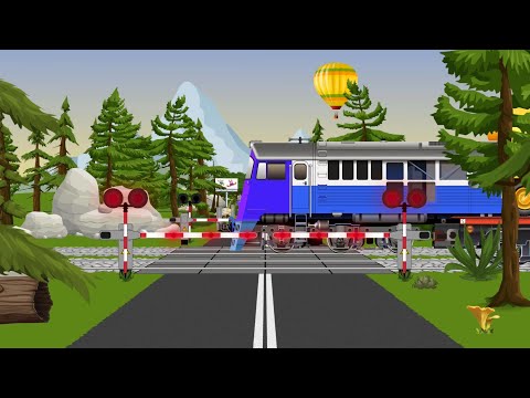 Pociągi i przejazdy kolejowe ze szlabanami, samochody i skrzyżowania dróg - animacja dla dzieci.