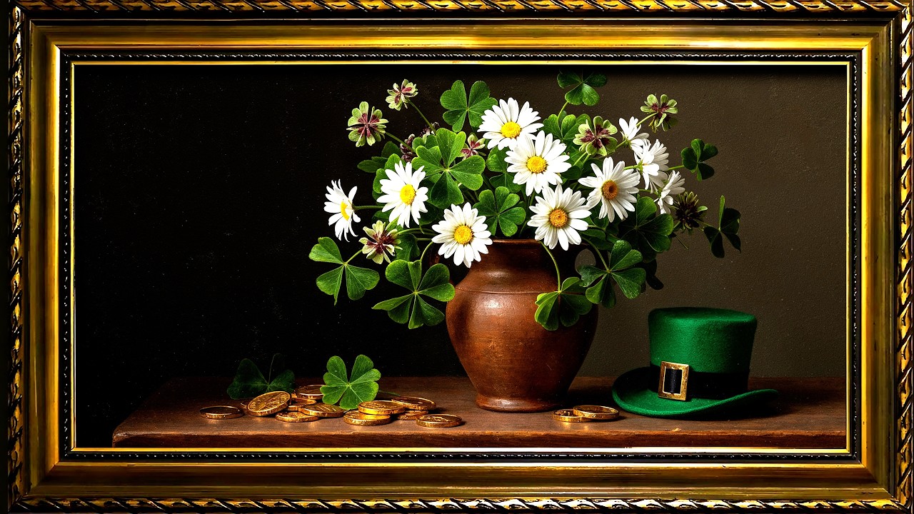 St Patrick’s Day Still Life | Shamrock Flowers and Lucky Gold | 4K Frame TV Artwork