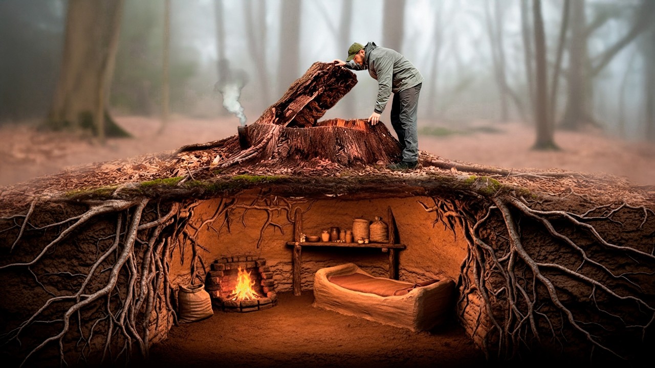 Building a Hidden Dugout Under a Stump. Warm secret shelter. Bushcraft Survival