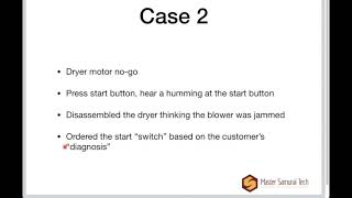 Whirlpool dryer start button hums when pressed, motor no-go - appliance repair training excerpt