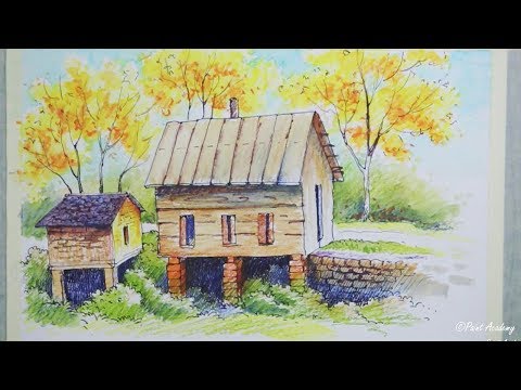 Mountains and Pine Tress Watercolor Pencil Landscape Drawing | steps to follow