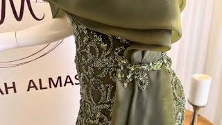 فستان تول مطرز زيتي للحفلات والمناسبات الفاخرة