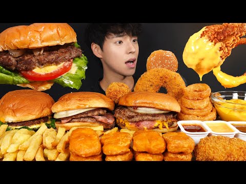 ASMR MUKBANG DOUBLE CHEESE BURGER & HOT CHEESE RING & FRENCH FRIES & ONION RINGS & CHICKEN NUGGETS