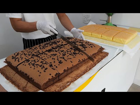 Making Giant Size Cake with Original, Chocolate, Whipped Cream / 대왕 카스테라 만들기 / Korean Cake Shop