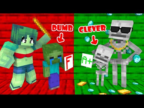 Monster School : Clever Baby Skeleton and Dumb Baby Zombie - Minecraft Animation