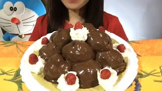Chocolate cake profiterole eating sounds