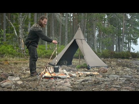 Solo bushcraft trip - canvas tent, 3 camps, rain, adjustable pot hangers, homemade knife etc.