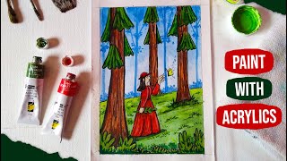 Girl Wearing Red Gown In The Forest | Relaxing Acrylic Painting Technique | Paint It