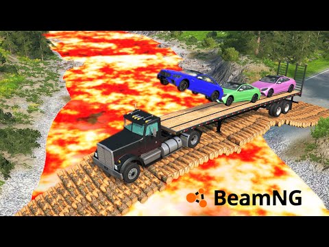 Cars vs Log Bridge and Lava 😱 – BeamNG Drive