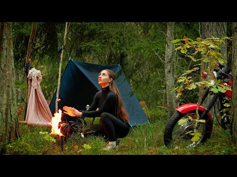 ASMR | Solo Girl Motorcycle Camping – Forest Tent & Campfire Steak🍂