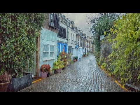 London Rain Walk in Upmarket Kensington & Chelsea - Mews, Grand Houses & Holland Park - 4K 60FPS