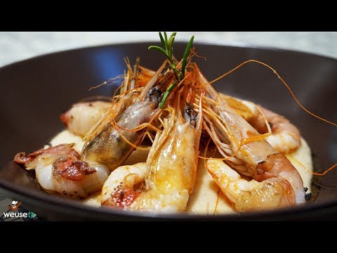 495 - Gamberi lardellati su crema di fagioli...anche senza tovaglioli! (antipasto di pesce facile)