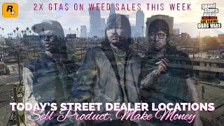 GTA: Online. • Daily Street Dealer locations. • 23 April, 2024. • Sell product, make money. • 🌴🧪💊💰