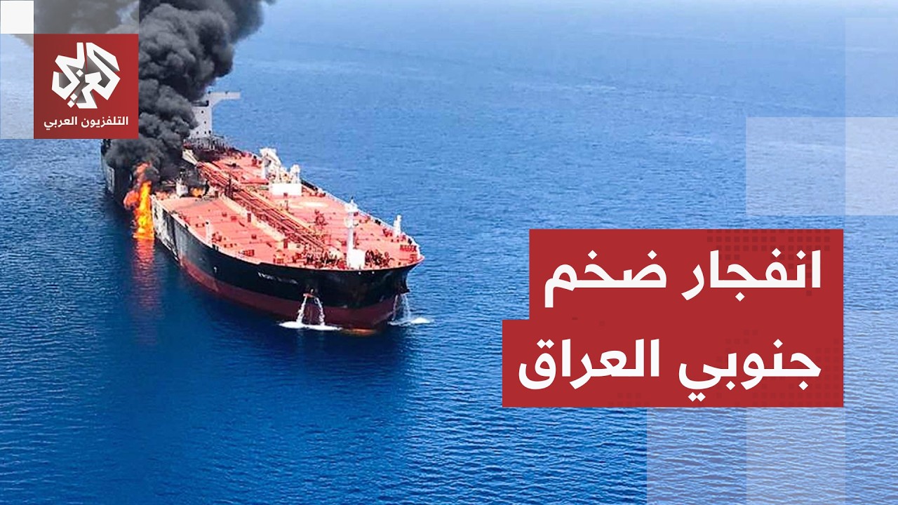 انفجار ضخم إثر إصابة سفينة شحن بمقذوف جنوب شرقي مدينة أم قصر في العراق
