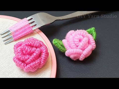Amazing Trick with Fork - Easy Woolen Roses Making - No Crochet Flower Woolen Rose