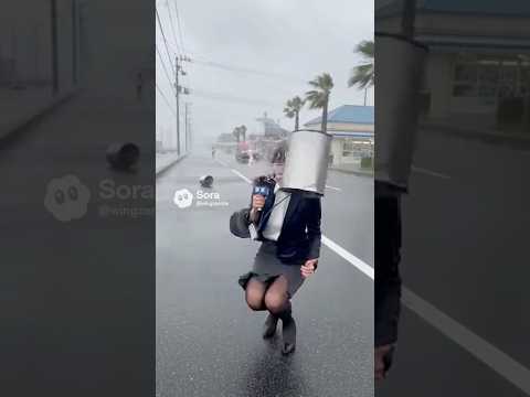 ミニスカ女子アナの中継中に台風でバケツが顔面直撃