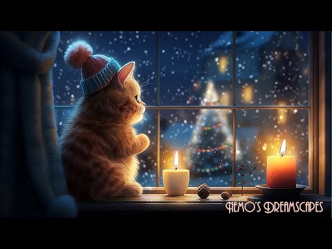 Waiting for Santa 🎅 Vintage Christmas Oldies playing in another room, Crackling fire & purring ASMR