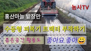마늘 재배, 홍산마늘 밭장만을 수동형 비닐 피복기를 트랙터에 부착해서 멀칭 했습니다.[농사TV]
