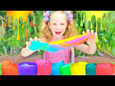 Nastya und Papa machen riesige mehrfarbige Schleim