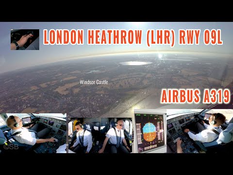 London Heathrow (LHR) | Pilots + cockpit view of early morning Airbus approach + landing runway  09L