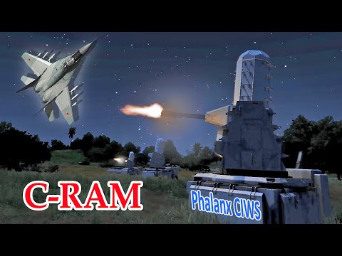 Phalanx CIWS (C-RAM) fires against enemy planes [Close-in weapon system]