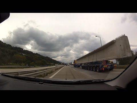 Huge concrete beam transport, Olympia Odos construction work (Μεταφορά δοκού σκυροδέματος)