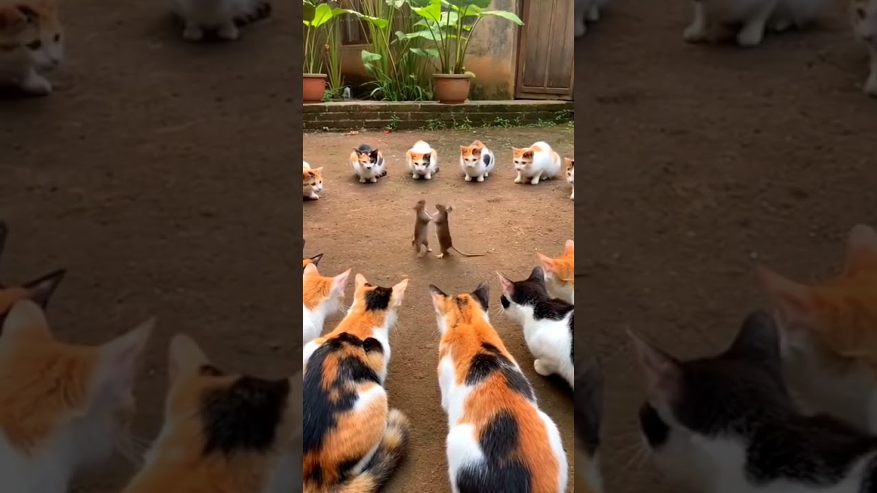 Oh my god, a group of tabby cats are watching two mice fighting. #cat #funny #catandmousegame#mouse