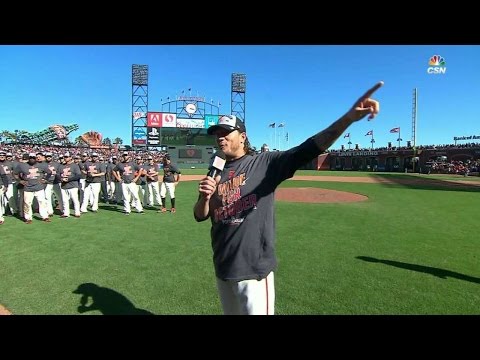 LAD@SF: Peavy talks to fans after the big win