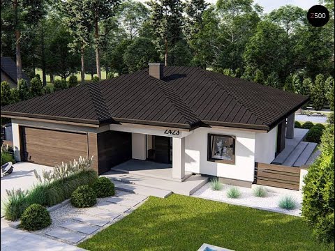 Z423 Современный одноэтажный дом с многоскатной крышей и гаражом на две машины.