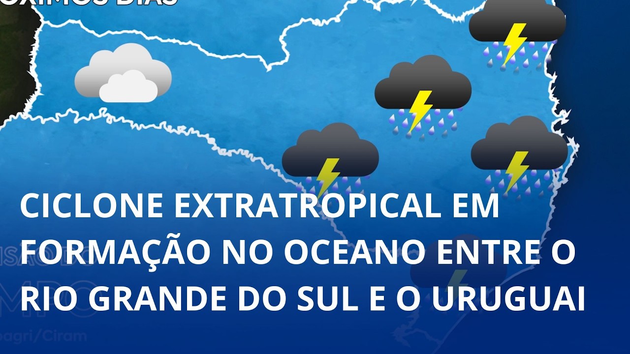 Ciclone extratropical em formação no oceano entre o Rio Grande do Sul e o Uruguai impulsiona frente fria